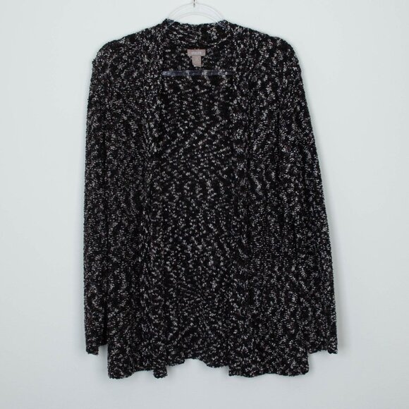 Chicos Womens Boucle Knit Open Front Cardigan Size L 2 Black White Long Sleeve - Picture 1 of 8